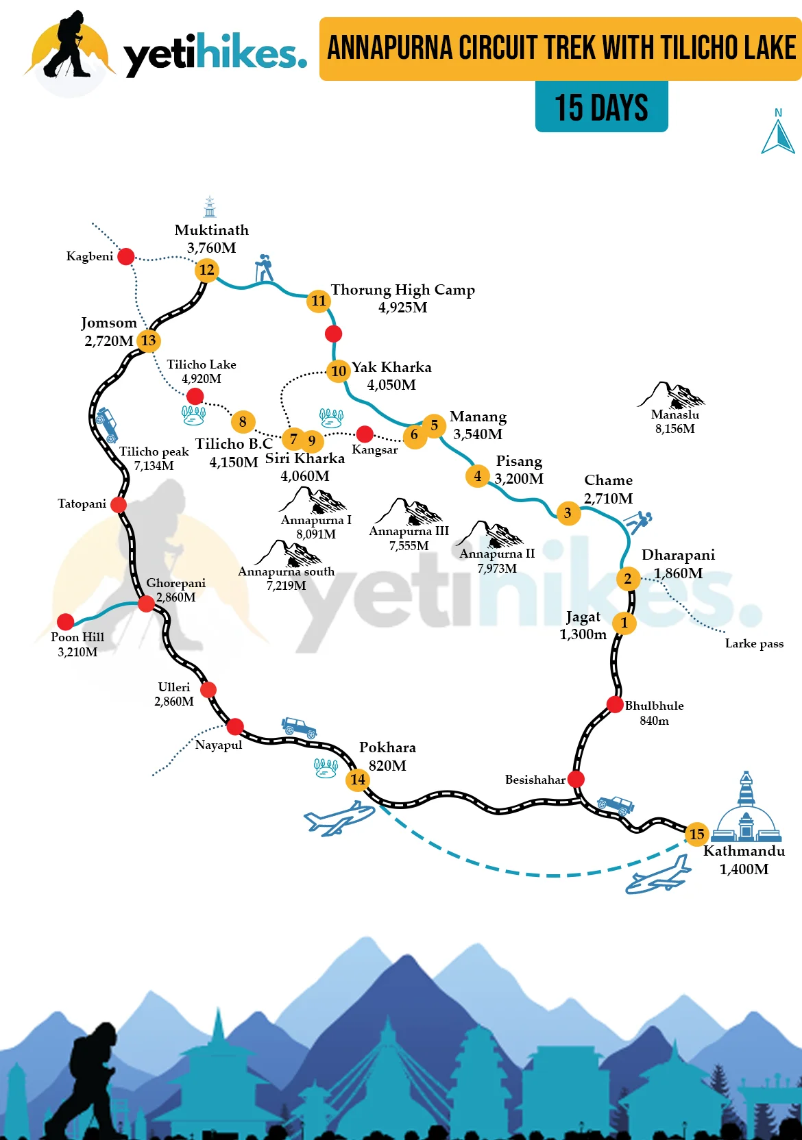 Annapurna Circuit Trek with Tilicho Lake- 15 days Map